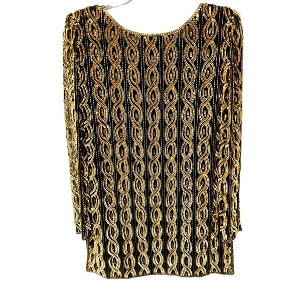 Vintage Stenay Beaded Tunic Top Dress Sequin Black Gold Silk Small - Picture 4 of 6